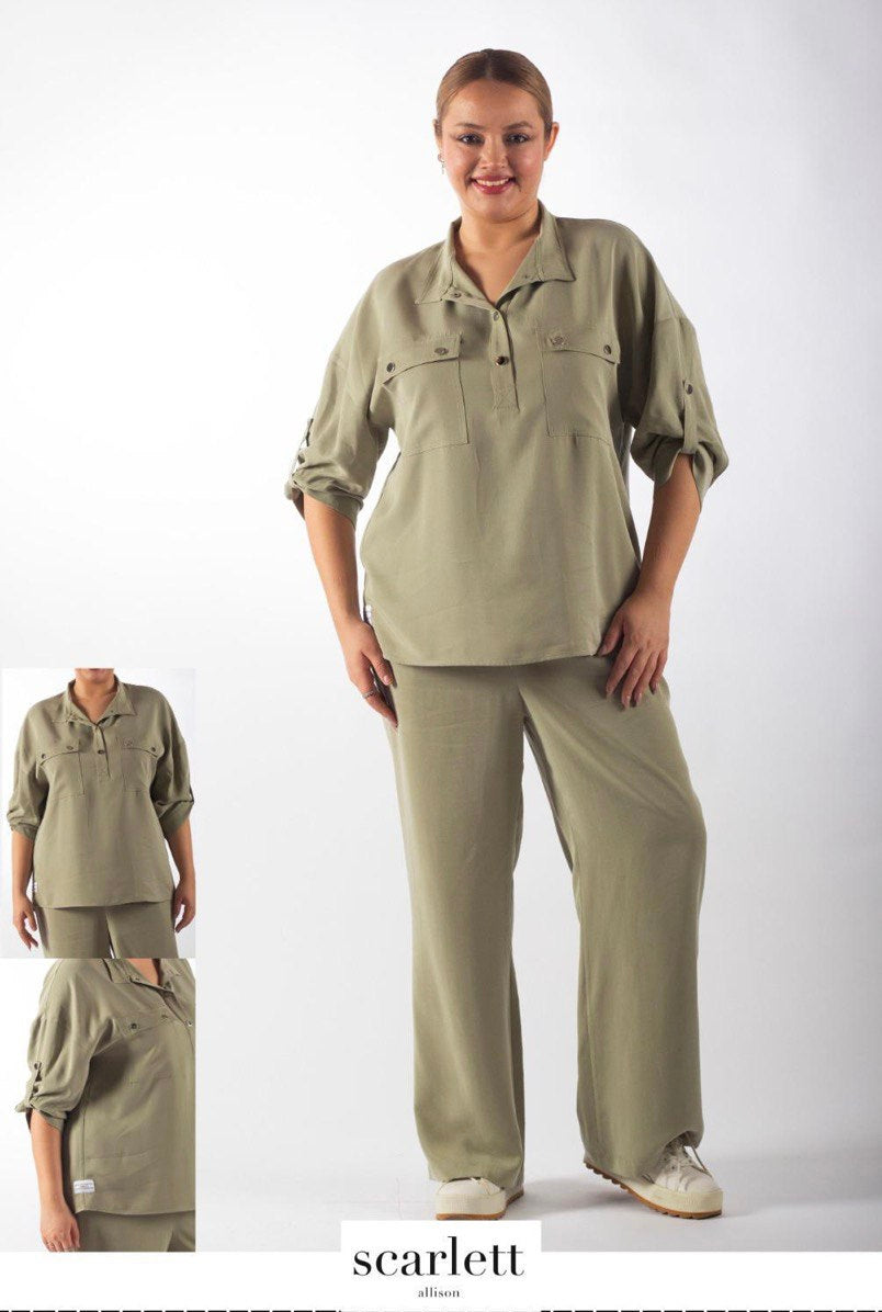 Comfortabele Olijfgroene Set met Lange Mouwen