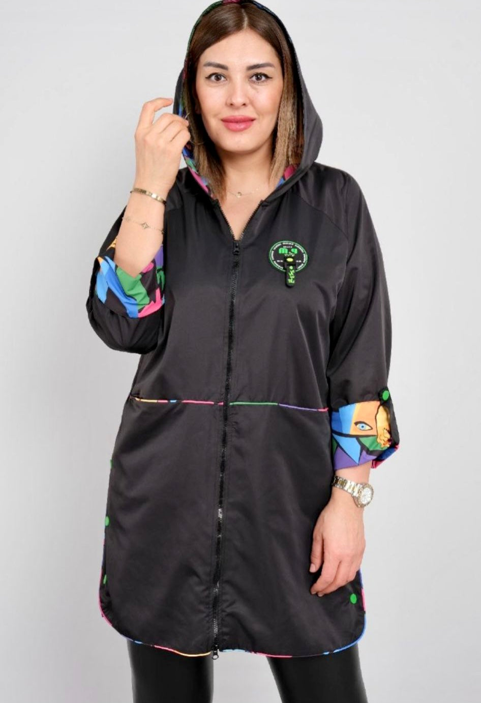 Black Windbreaker with Colorful Accents and Hood