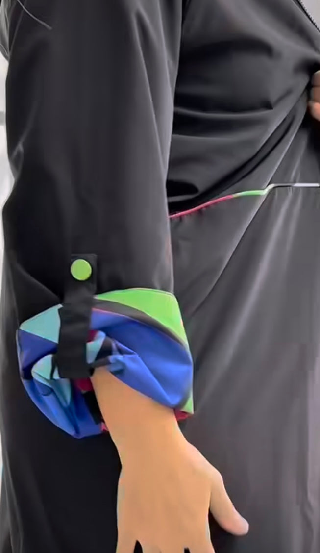 Black Windbreaker with Colorful Accents and Hood