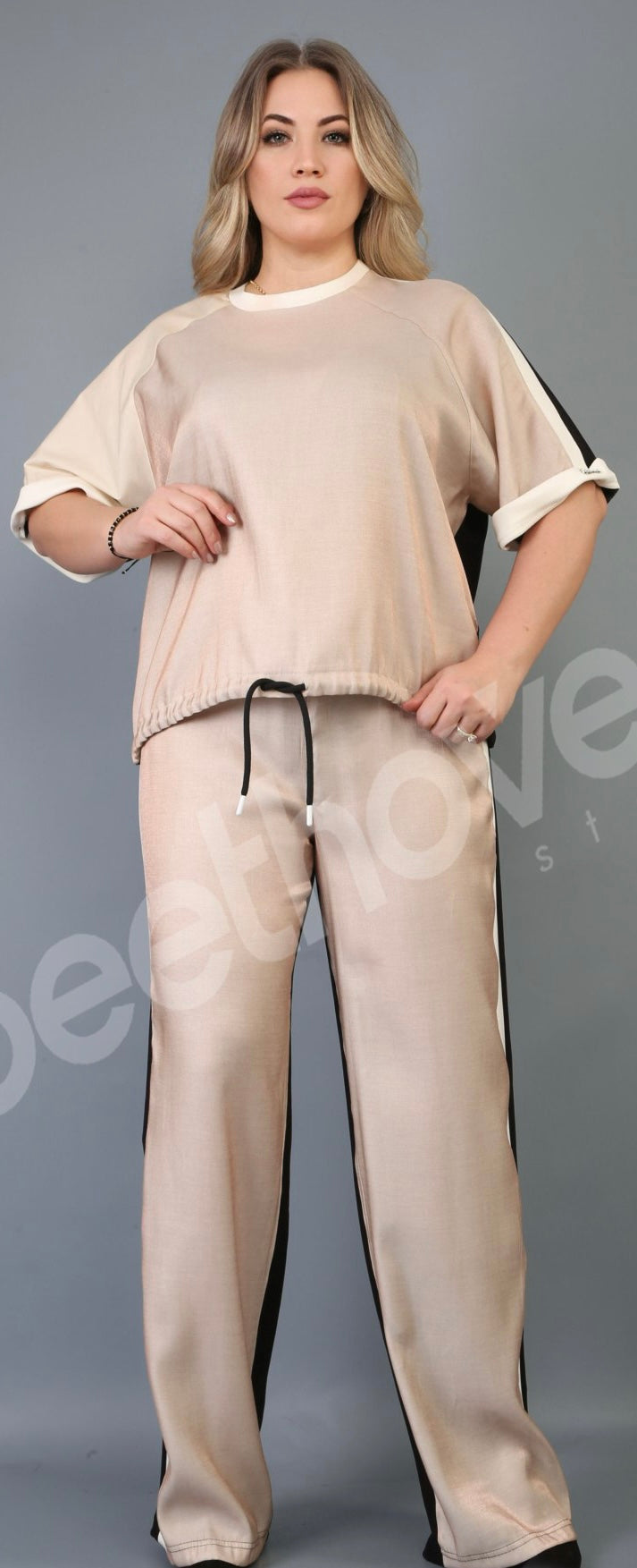 Trendy Beige and Black Loungewear Set