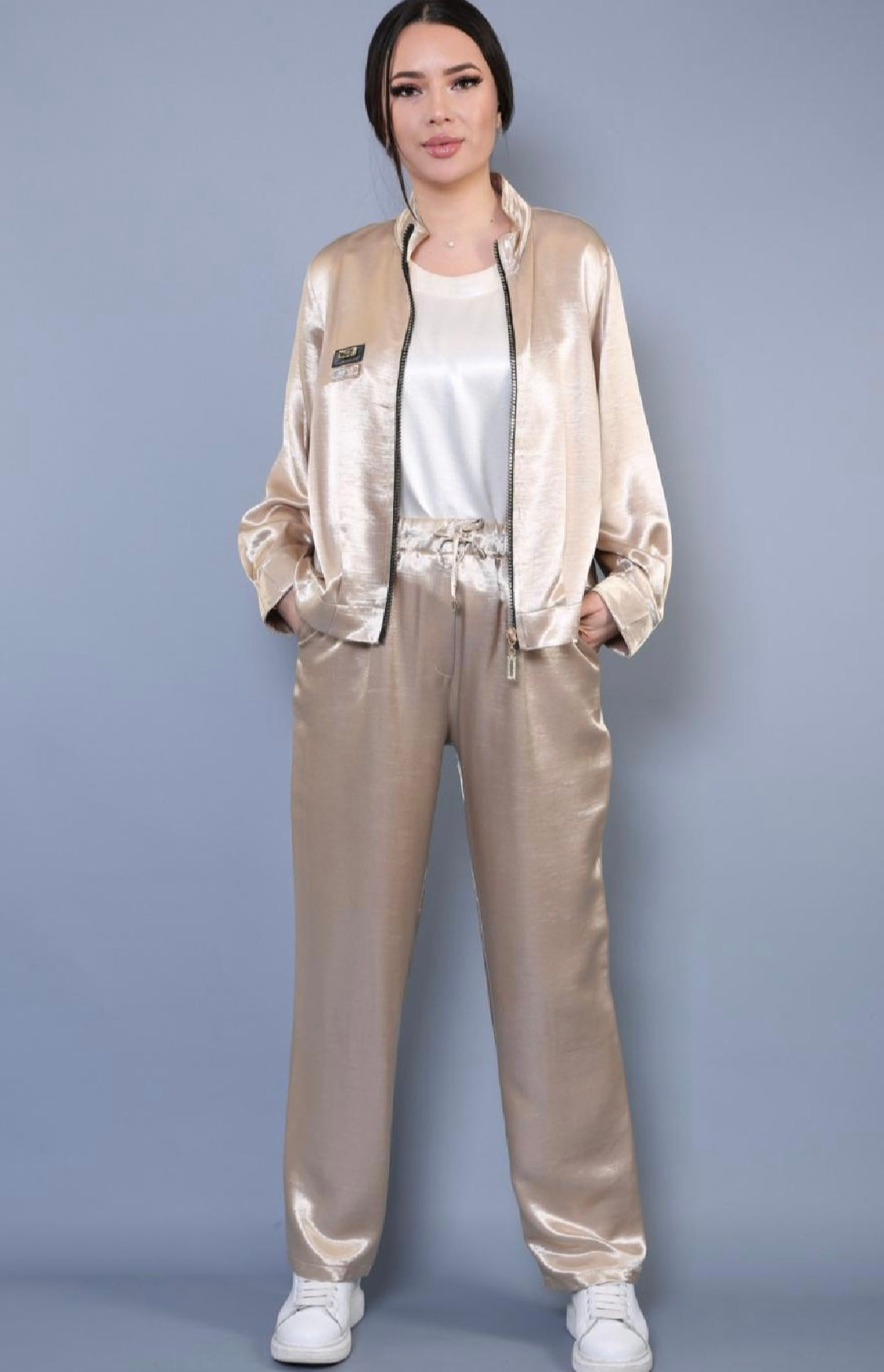 Trendy Champagne Satin Tracksuit (3-piece)