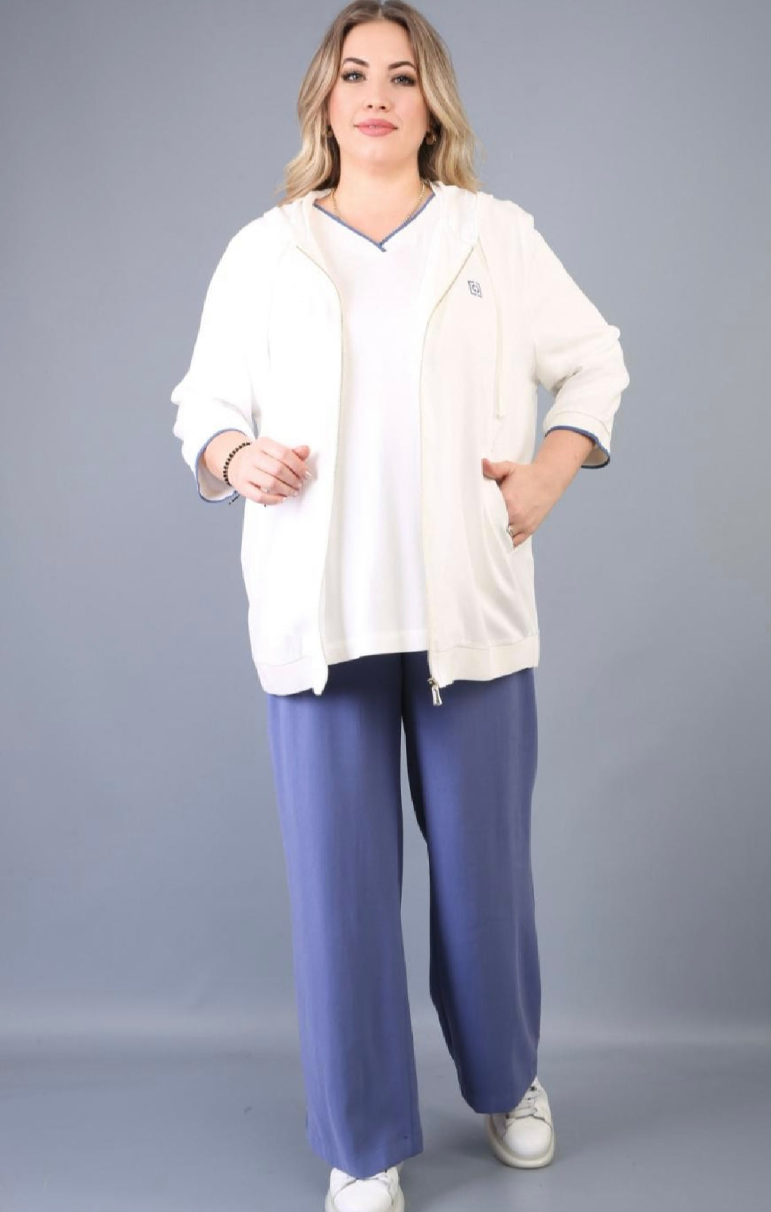 White Hoodie Set with Light Blue Pants and White T-shirt